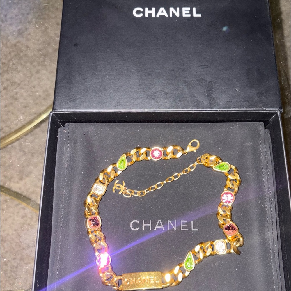 CHANEL Gold Necklace with Pink and Green Accents